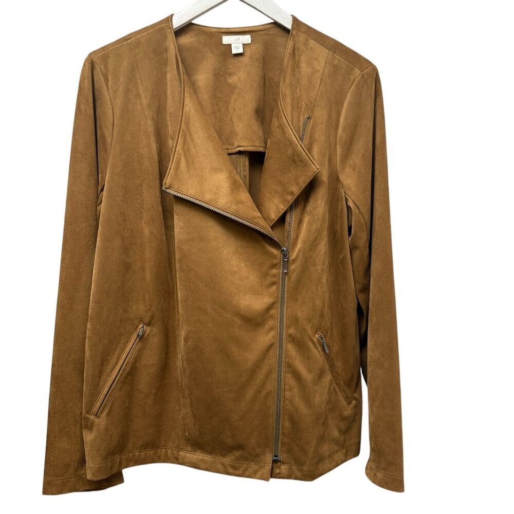 J. JILL Faux Suede Moto Jacket Medium Brown Stretch Zip Front Western Biker